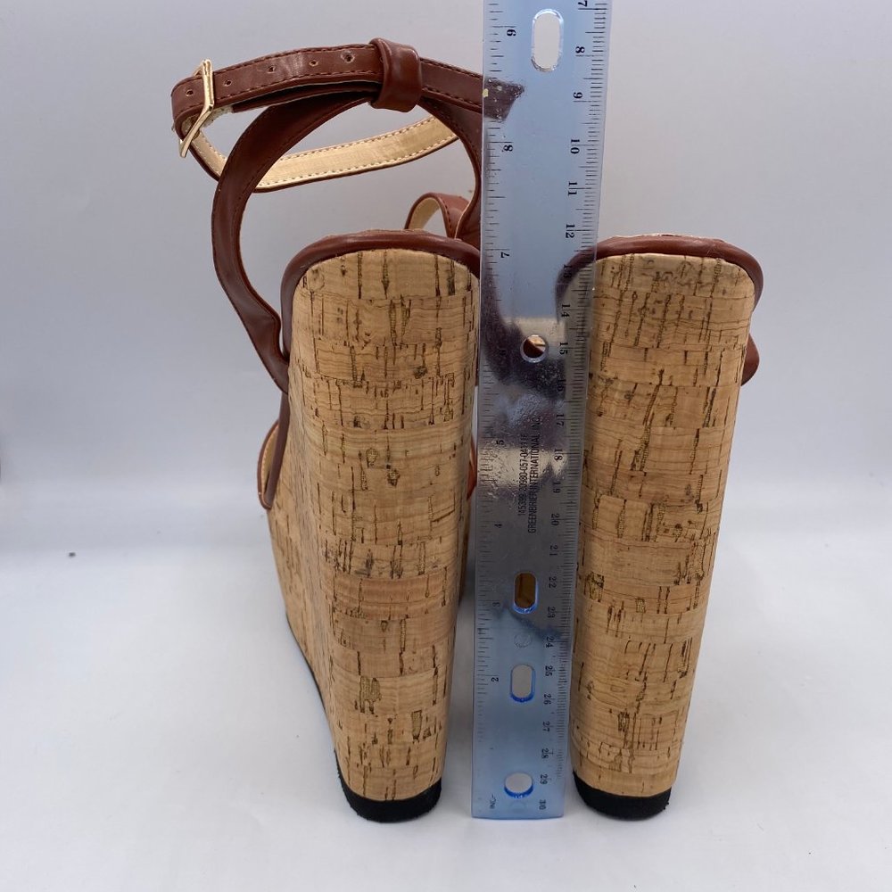 FSJ Tan Wedges Sandals Ankle Strap Slingback Open - Picture 8 of 11